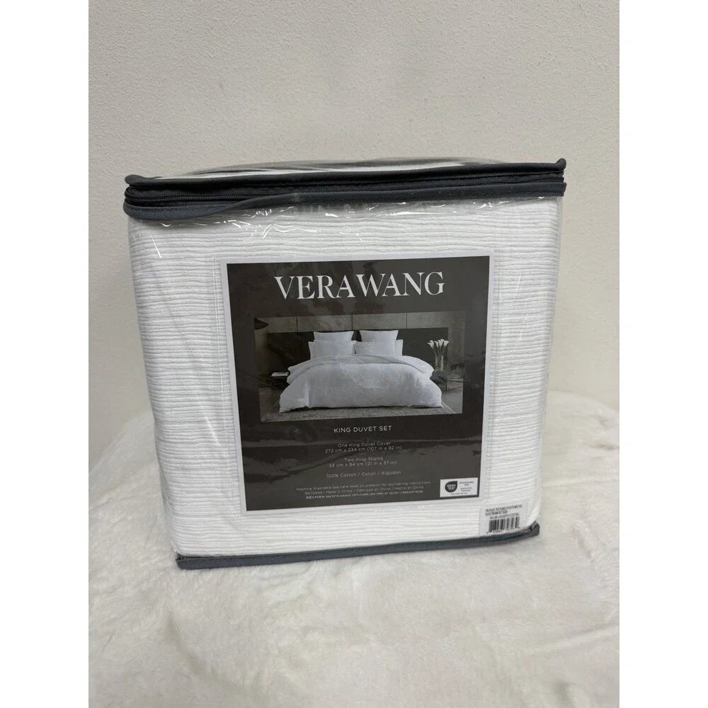 Vera Wang Duvet Cover Set Soft Cotton KING 3 Piece Textured Pleats White